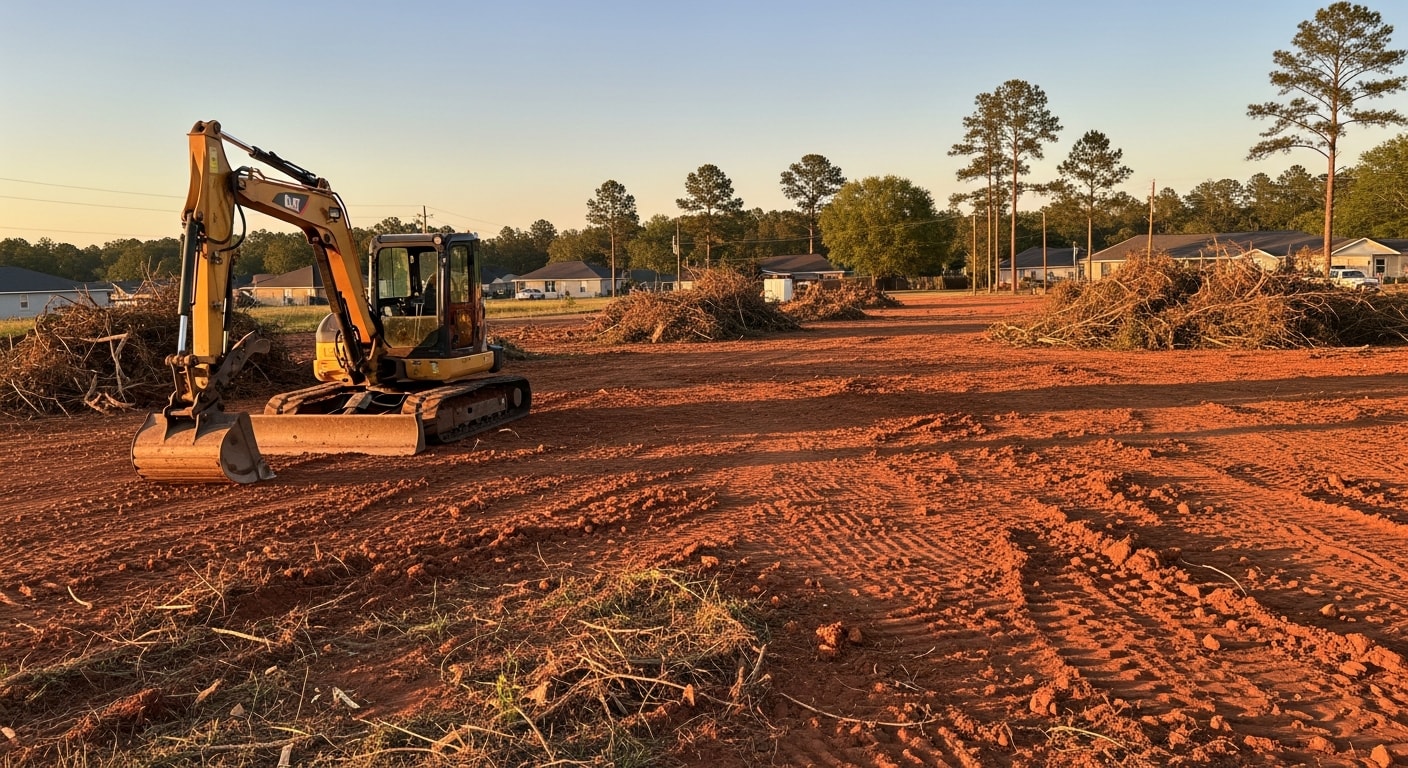 Demolition equipment clearing vegetation and debris from property