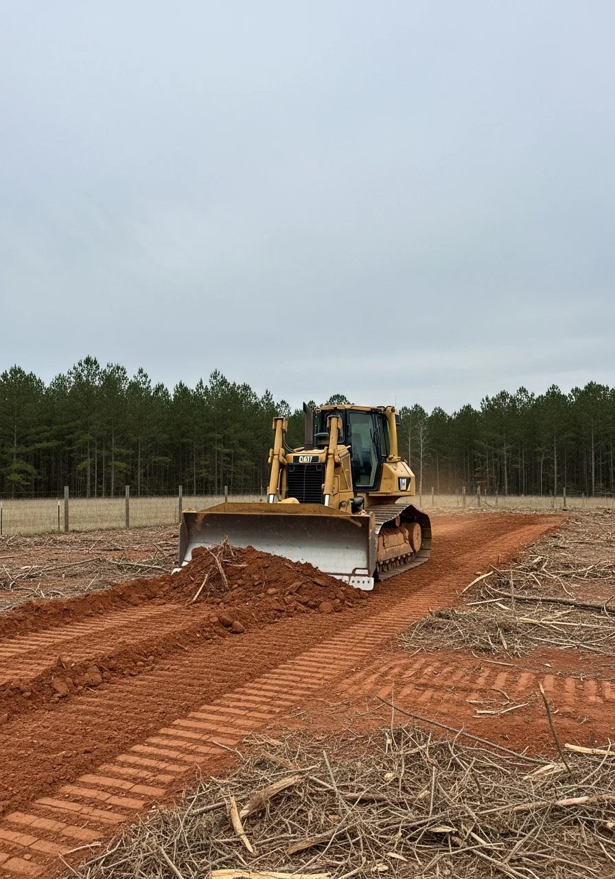 Heavy equipment performing site preparation and land clearing work in Escambia County, Alabama