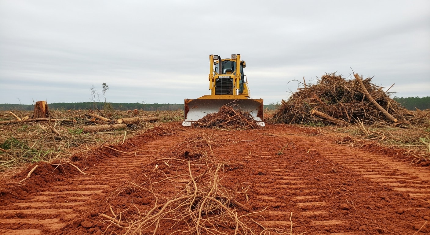 A large rural parcel in Escambia County, Florida after professional acreage clearing, showing open flat ground with stumps removed and surrounding tree lines intact. A dozer sits at the edge of the cleared site with no remaining brush or palmetto growth visible across the property.