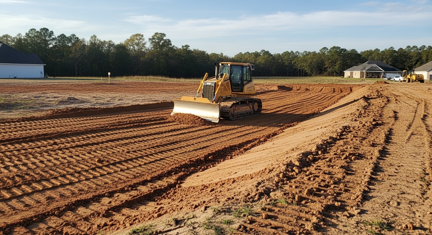 A dozer grading a flat sandy lot in Escambia County, Florida, with freshly moved soil shaped into a smooth slope away from a building pad. The surrounding terrain shows typical Northwest Florida coastal plain landscape with sparse pine trees at the lot edge.