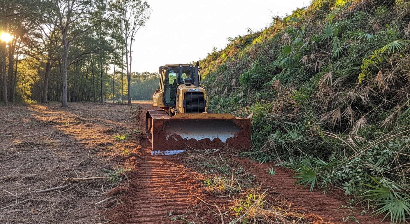 A cleared residential lot in Escambia County, Florida, showing open ground after dense brush, vines, and undergrowth have been removed by a dozer and land clearing equipment. The surrounding tree line remains intact while the interior of the property is fully accessible.