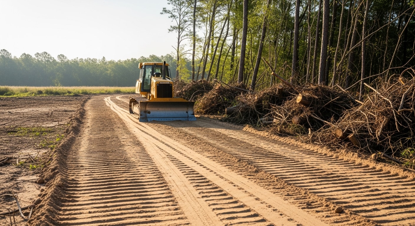 A dozer clearing dense brush and overgrown vegetation from a wooded residential lot in Escambia County, Florida. The cleared foreground shows exposed sandy soil and pushed debris at the tree line edge.