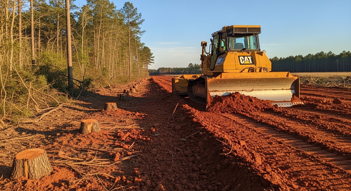 A dozer clearing a heavily overgrown right-of-way corridor along a rural road in Escambia County, Florida, with cut brush and stumps visible along the cleared road shoulder. The open corridor reveals the road edge and ditch line after vegetation removal.