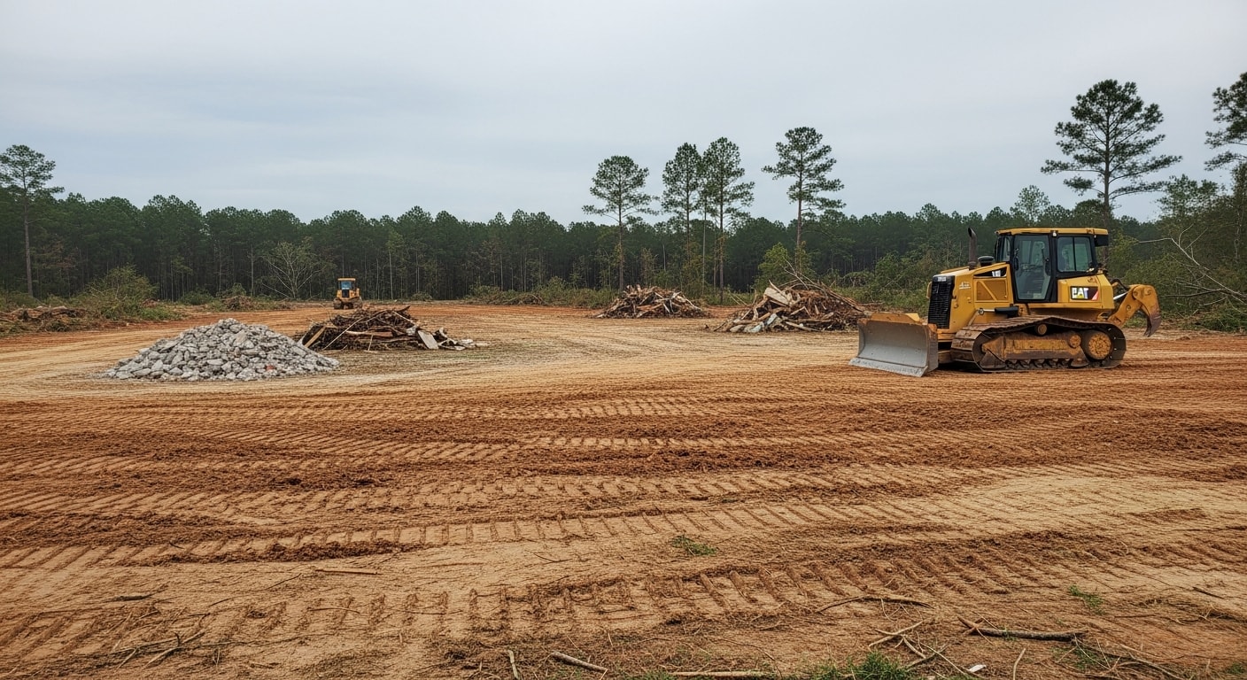 A cleared and graded vacant lot in Escambia County after site cleanup, with debris and overgrowth removed and bare soil leveled by dozer equipment. The surrounding area shows Northwest Florida pine and scrub vegetation typical of the region.