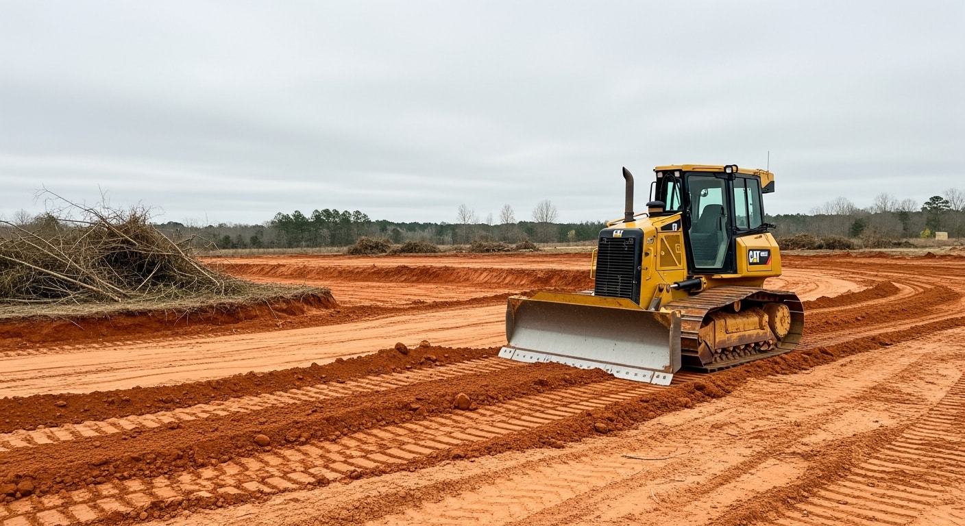 A dozer grading a cleared residential lot in Escambia County, Florida, with exposed sandy soil leveled and shaped for drainage. The site is ready for foundation work with no stumps, brush, or standing water visible.